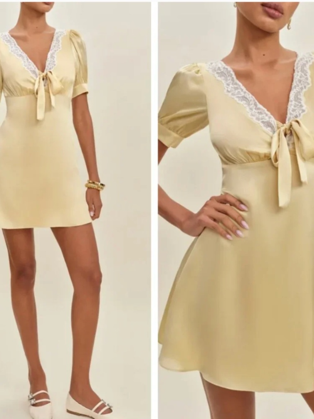 reformation Avin silk butter yellow dress with lace detail - Picture 2 of 6